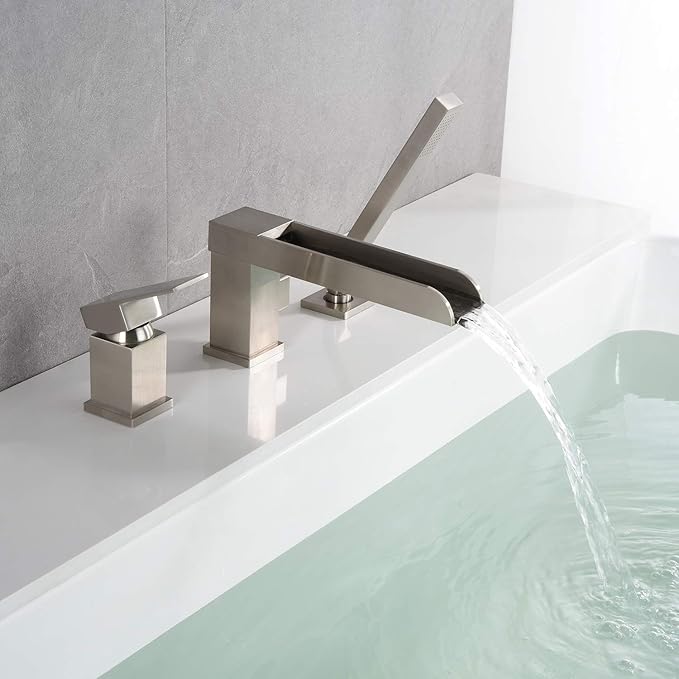 Waterfall Roman Tub Faucets Deck Mount Brushed Nickel Bathtub Faucets Brass Tub Filler Bathroom Faucets with Hand Shower