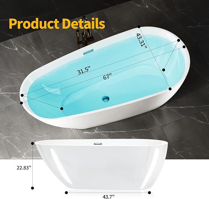 Bathtub with Upturned Ends, CUPC Chrome Drain and Overflow, White Interior and Black Exterior, Built-in Overflow, Fiber-Coated Fixing Bracket