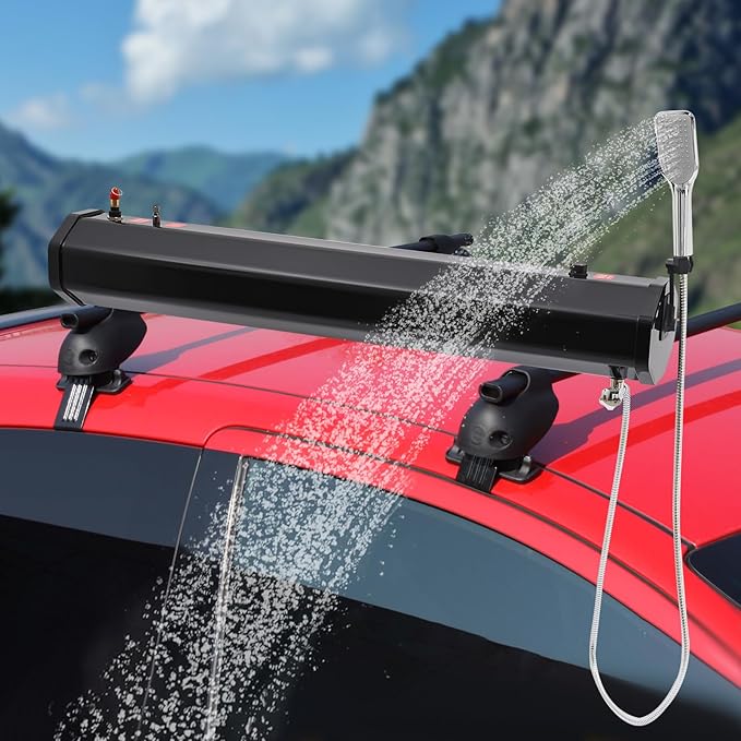TFCFL 7.93 Gallon Roof Rack Mount Road Shower, High Pressure Outdoor Camping Shower with Long Hose, Portable Camping Solar Shower for Camping, Hiking, Beach, Pet & Gear Cleaning, Black