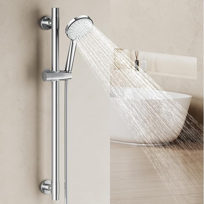 Shower Slide Bar Handheld Shower Head with Hose, 5-Function Hand Shower with Wall Mount，shower slide bar,adjustable height shower head (A-round, Chrome)
