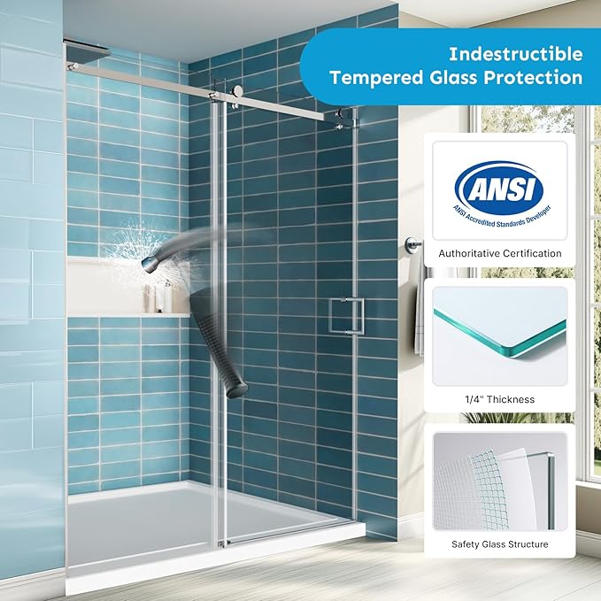56-60"Wx72"H Frameless Reversible Single Sliding Shower Door, 1/4" Clear SGCC Tempered Glass& Shatter Proof Film , 304 Stainless Steel Hardware, Water Protection Seal Plus Glass-fixing Aluminum Stripe
