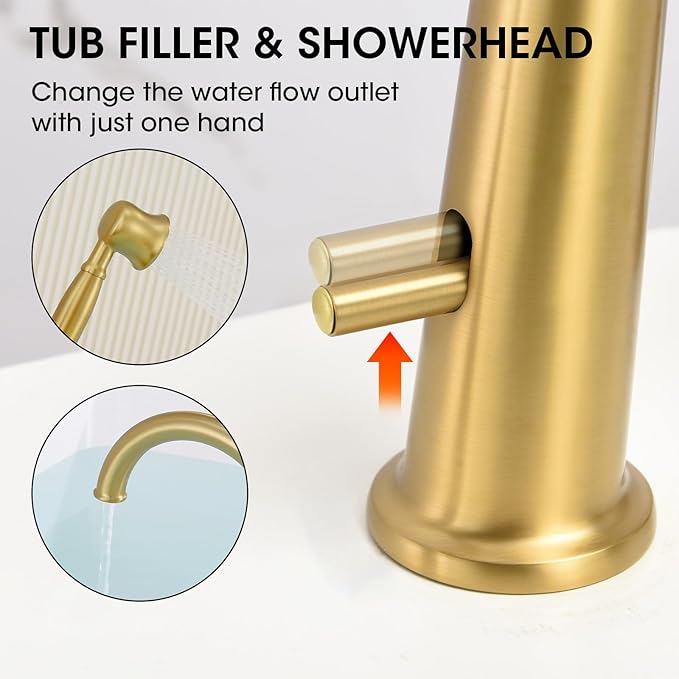 Roman Tub Faucet Set with Hand Shower, KRUZOO Bathtub Faucet Set Trim Kit with Rough-in Valve, Deck Mount Widespread 4 Hole Brass Tub Filler, KZ-9608BG, Brushed Gold