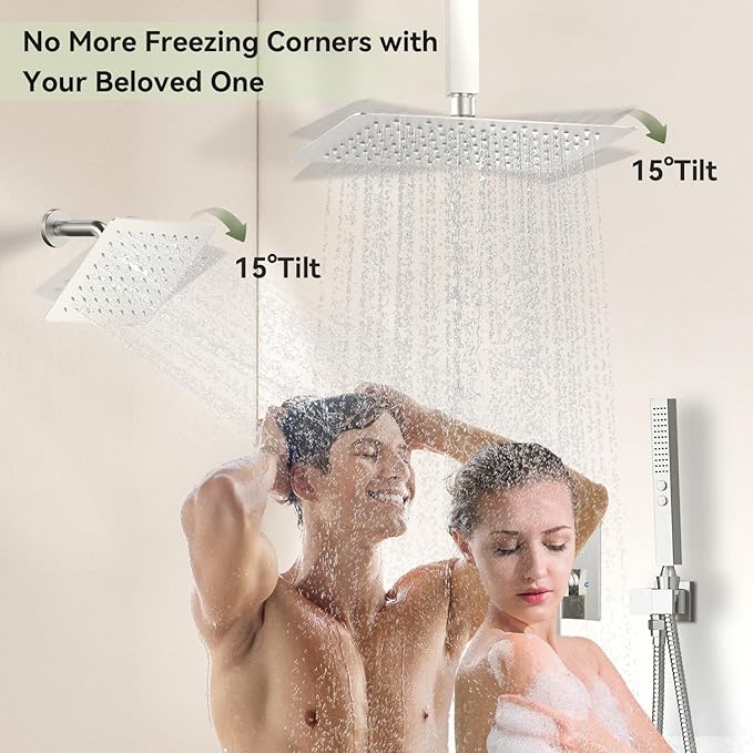 Shower Faucet Set Brushed Nickel Shower System,Bostingner Five Function Diverter Dual Head Shower Set,12'' Ceiling Mount and 6’‘ Wall Mount Rainfall Shower System with 2 in 1 Handheld Spray