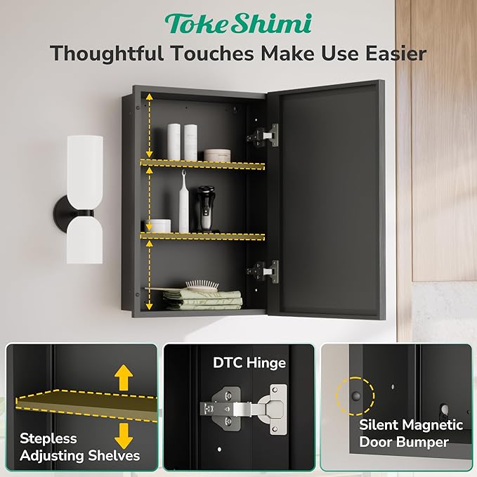 TokeShimi 15 x 36 Bathroom Medicine Cabinet Mirrored Beveled, Recessed Medicine Cabinet with Mirror for Wall, Aluminum Framed Metal Black Mirror with Storage Adjustable
