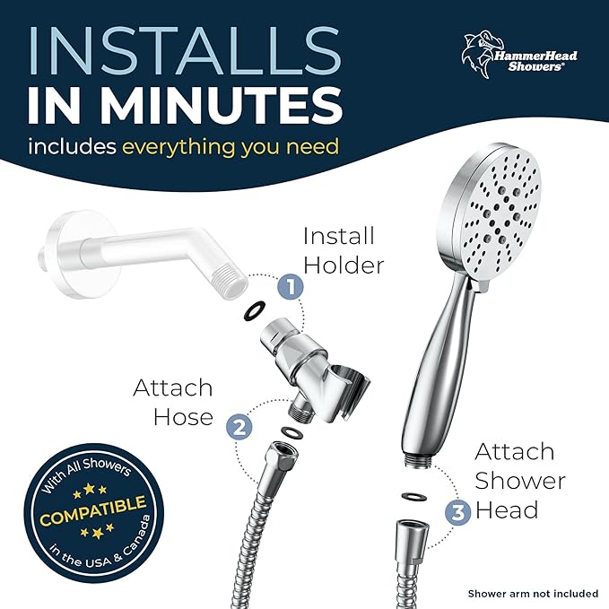 HammerHead Showers® Solid Metal 3-Spray Handheld Shower Head with Long Hose and Holder - CHROME - 2.5 GPM High Pressure Shower Head with Handheld Sprayer - WIDE, MASSAGE, and MIST Sprays
