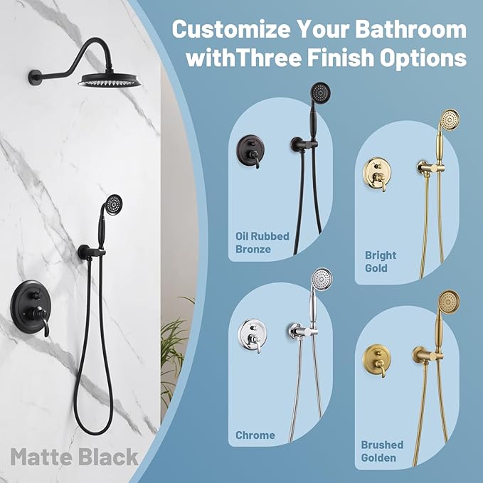 Antique Shower Head Faucet Set,Matte Black Vintage Wall Mount Shower Faucets Combo With Handheld Spray,Bathroom Rainfall Shower System Trim Kit With Brass Pressure Balance Valve & 9''Shower Head
