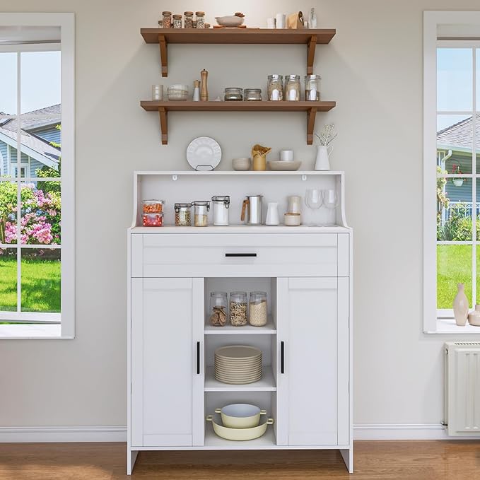 Storage Cabinet with Doors and Drawers, Kitchen Storage Cabinet with 1 Large Drawer,2 Doors,and 2 Adjustable Shelves,for Bathroom/Kitchen/Living Room/Entrance Hall (White)