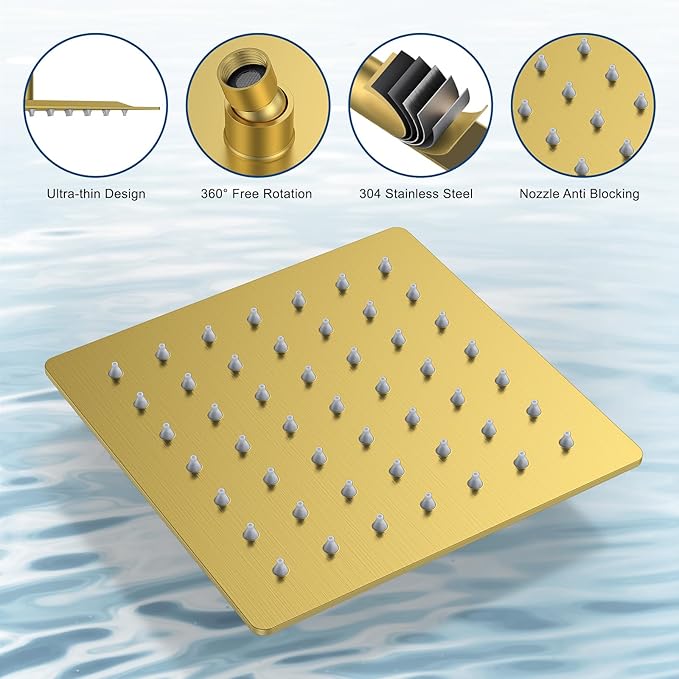 Shower Faucet Set, Ceiling Mount Rainfall Shower Head System 12" + 6" Dual Rain Shower Head Sets with 2 in 1 Handheld Spray for Bathroom with Rough-in Valve and Shower Trim Kit, Brushed Gold