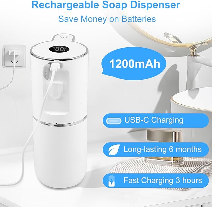 Automatic Soap Dispenser Touchless, Rechargeable Foaming Hand Soap Dispenser with 6 Adjustable Levels & Waterproof Design | Hands-Free Dispenser for Bathroom, Kitchen, Dishwashing & Shower