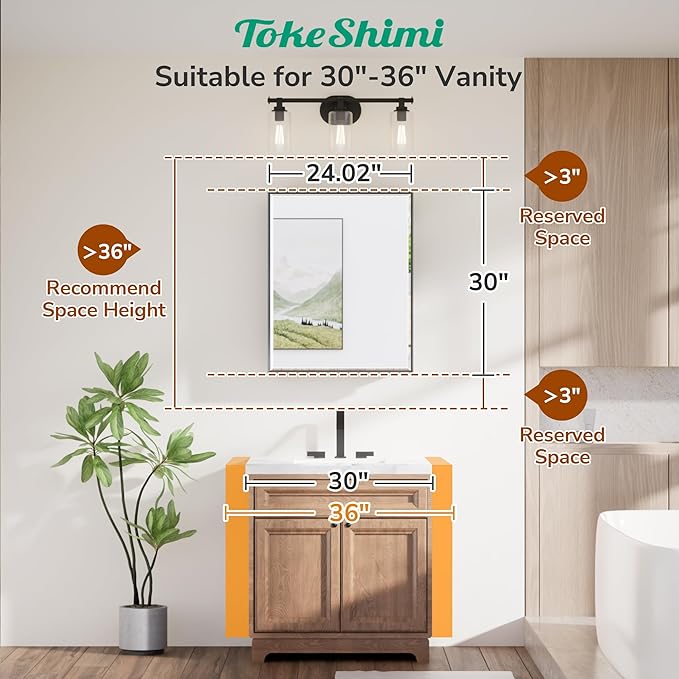 TokeShimi 24x30 Recessed Medicine Cabinet with Mirror Wall Mounted, Metal Beveled Mirror with Storage for Bathroom Vanity, Aluminum White Medicine Cabinet Mirrored