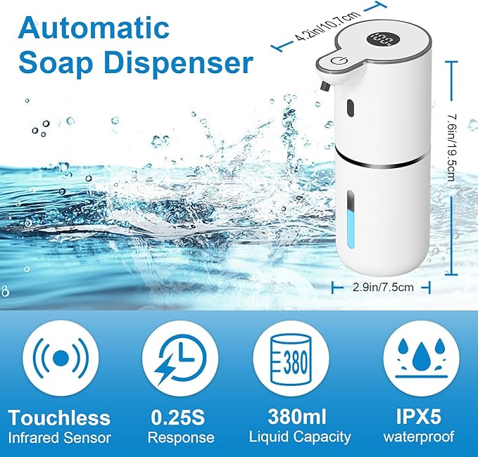 2 Pack Automatic Liquid Soap Dispenser Touchless, USB Rechargeable Smart Hand Soap Dispenser, 6-Level Adjustable, 12.8oz/380mL Wall Mount for Bathroom Kitchen Dish Soap-White