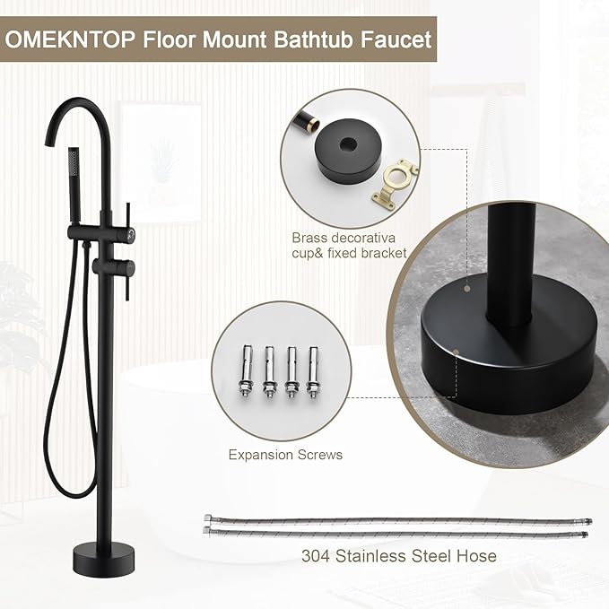 Freestanding Bathtub Faucet, Matte Black Floor Mount Tub Filler, Modern Freestanding Tub Faucet with 360 Swivel Gooseneck Spout and Handheld Shower, Standing Tub Faucet for Bathroom