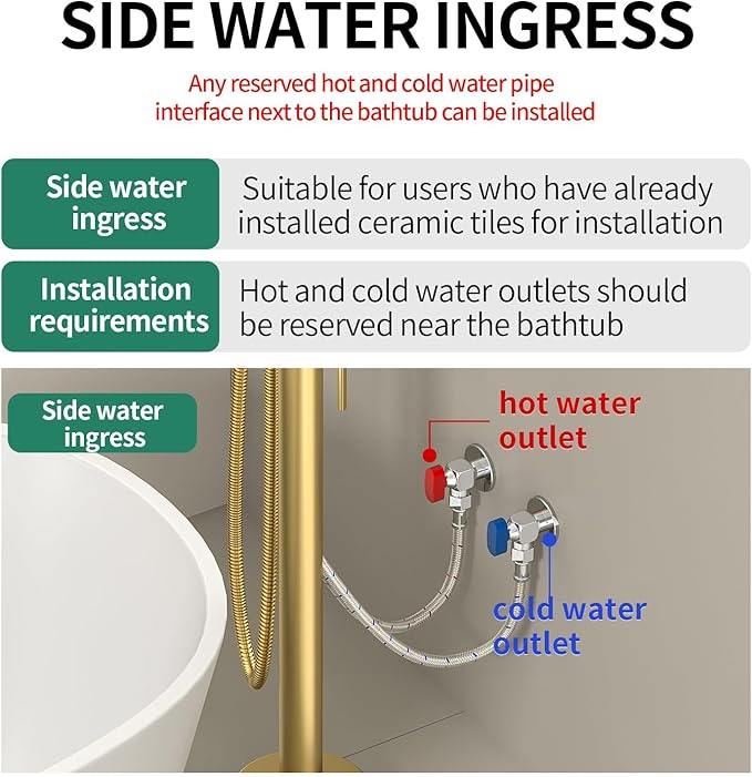 Freestanding Bathtub FaucetFloor Mount Bathtub Filler Shower Mixer Faucet with Handheld Shower Sprayer Swivel, Side Inlet，Gold