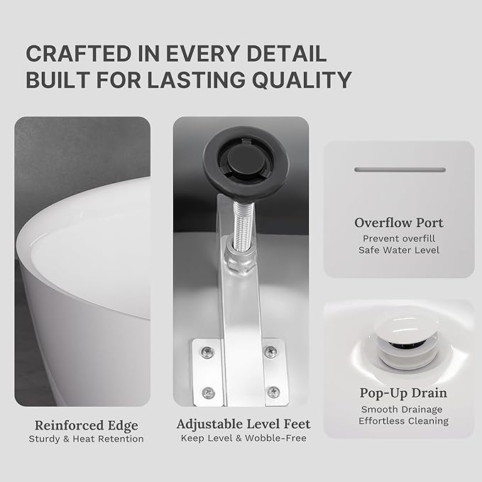 67" Acrylic Freestanding Soaking Bathtub, Modern Oval Acrylic Bath Tub with Pop-up Drain & Integrated Overflow for Soaking and Bathing, cUPC Certified, Glossy White Finish