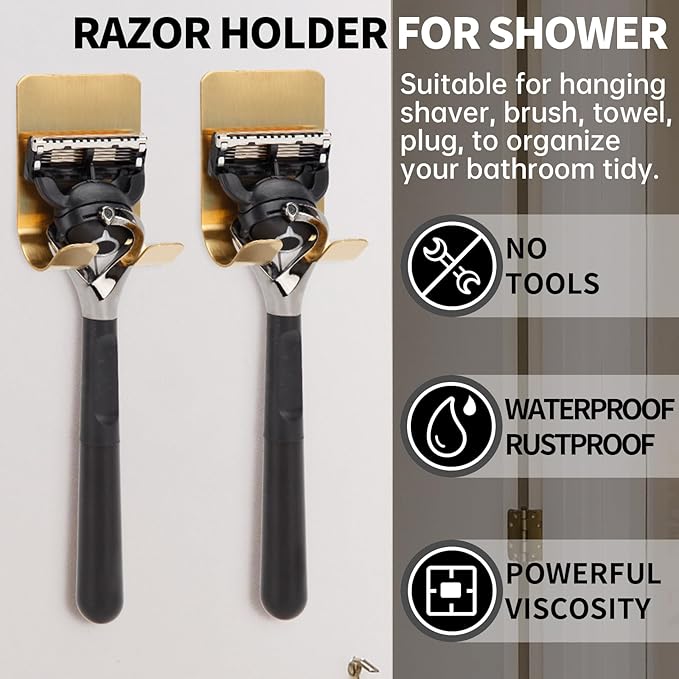 Self Adhesive Hooks Waterproof Razor Holder in Inside Shower 4 Pack, Metal Heavy Duty Utility Storage Hook.Towel. Loofah Holder for Wall.Hanger Hooks for Bathroom or Kitchen Organisation. Gold