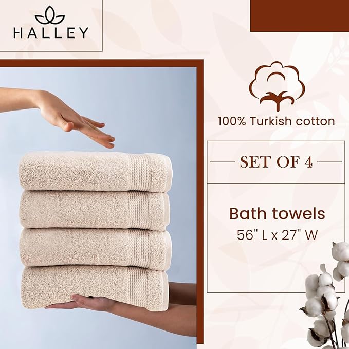 HALLEY Turkish Cotton Towels (Pack of 4) Bath Towels Super Soft Highly Absorbent 100% Cotton Towels for Bathroom and Kitchen for Mother’s Day (Ivory White)