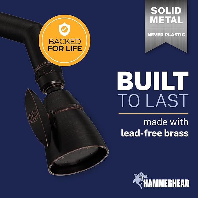 HammerHead Showers® Solid Metal 2 Inch High Pressure Shower Heads - OIL RUBBED BRONZE – 2.5 GPM Shower Heads High Pressure - High Flow Shower Head with ADJUSTABLE SPRAY PATTERN - Fixed Shower Head
