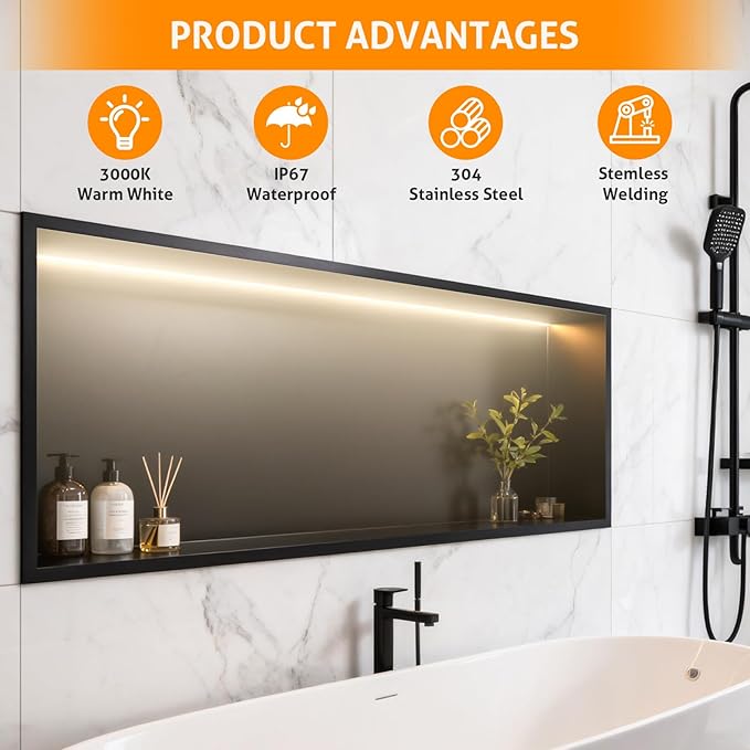 WICHEMI Stainless Steel Shower Niche 36" X 12", No Tile Needed Wall Niche with LED Light, Recessed Shower Shelf for Bathroom Storage Over Mount Installation, Matte Black