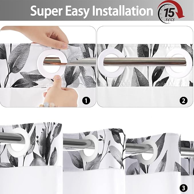 No Hook Shower Curtain and Liner Set, Grey Eucalyptus Floral Shower Curtains for Bathroom, Bath Curtain Sets with Snap in Liner, Waterproof with See Through Top Window, 71x84 Inches