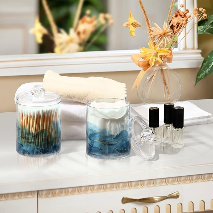 4 Pack Qtip Holder Organizer Dispenser Blue Watercolor Marble Bathroom Containers Bathroom Vanity Storage Canister Apothecary Jars for Cotton Swabs/Pads/Floss