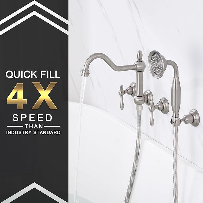 SUMERAIN Brushed Nickel Wall Mount Bathtub Faucet with Handheld Sprayer Traditional Tub Filler with Rough-in Valve