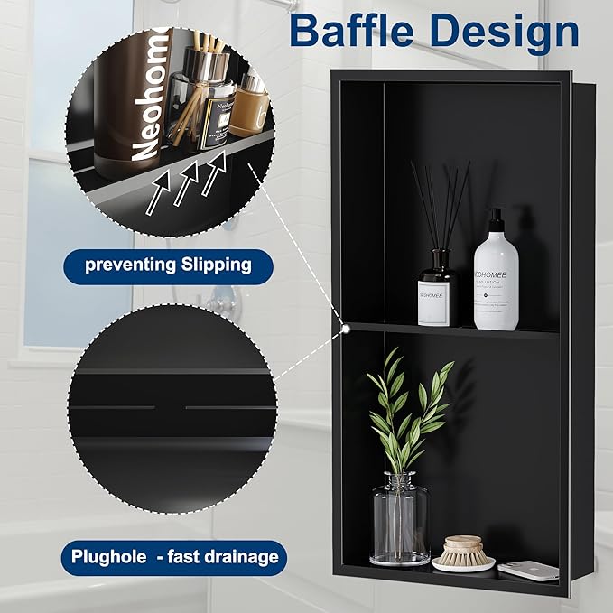Neodrain No Tile Shower Niche, Stainless Steel Wall Niche 13.1"X25.1"(Inner Size 12"X24"), Two-Tier Bathroom Shelf, NO Tile Needed Recessed Cabinet for Bathroom Storage, Matte Black