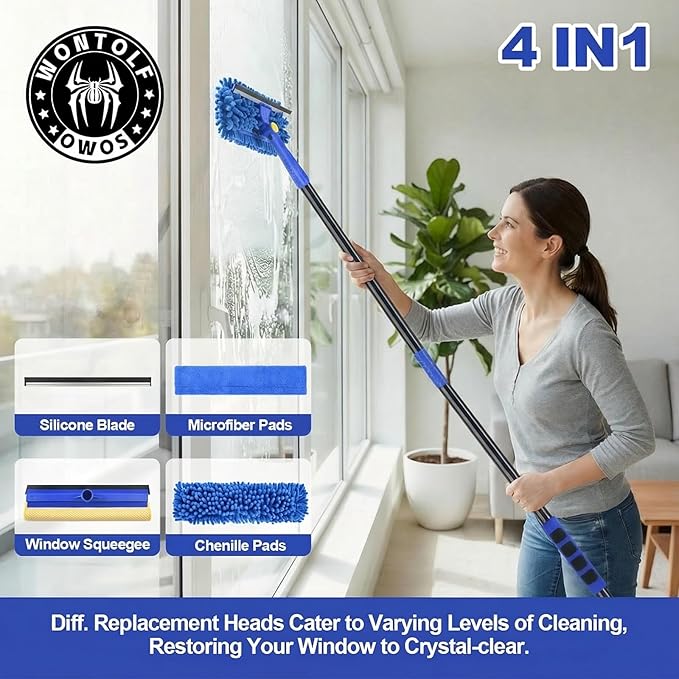 Wontolf 79'' Window Squeegee Cleaner Tool with Extension Pole, 4-in-1 Rotatable Streak-Free Squeegee for Window Cleaning Kit with Storage Bag, for Home, Indoor/Outdoor Windows, Car, Glass, Shower