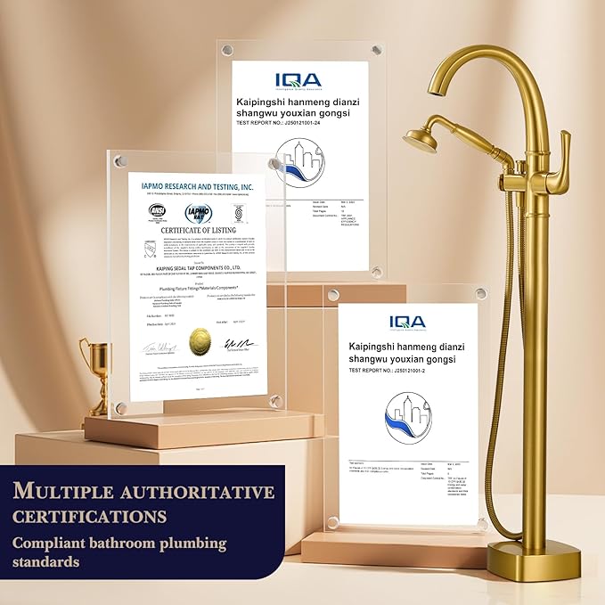 Free Standing Tub Faucet, Hanallx Luxury Brushed Gold Freestanding Bathtub Faucet with Sprayer, Premium Brass High Flow Rate Floor Mount Tub Filler Swivel Spout, Roman Tub Faucet Set（HM88011-BG）