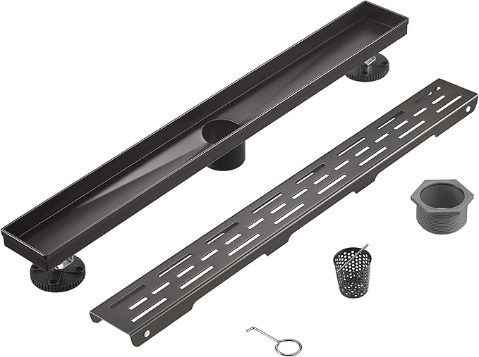 HEATGENE 36-Inch Linear Shower Drain in Venetian Bronze - Stainless Steel Rectangular Shower Floor Drain - Removable Decorative Cover - Adjustable Leveling Feet - CUPC Certified