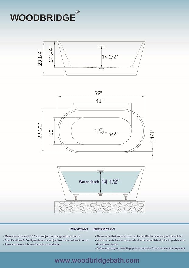 WOODBRIDGE B-1814 59" Acrylic Freestanding Bathtub Contemporary Soaking Tub with Brushed Nickel Overflow and Drain BTA1814-B,Black