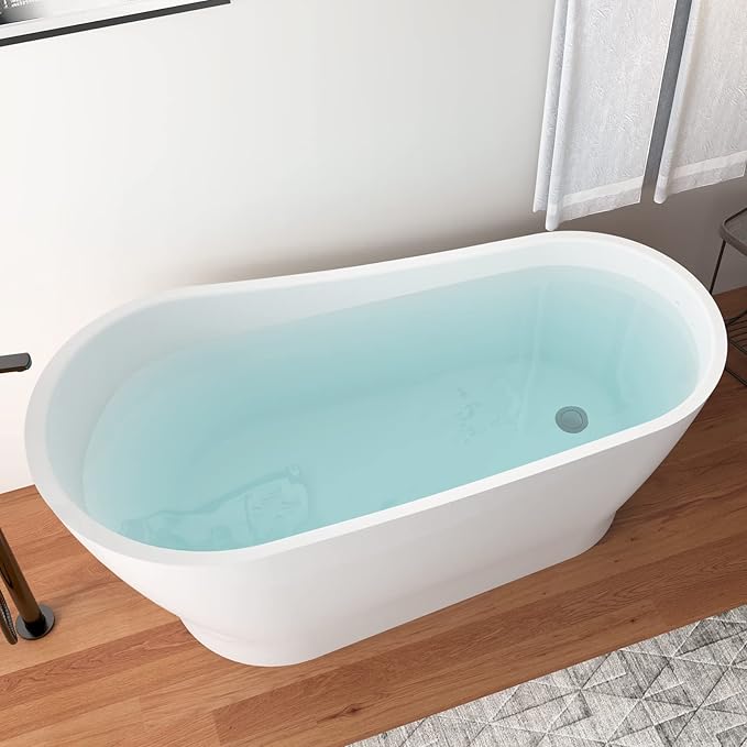 59" Acrylic Freestanding Bathtub, Elegant Skirted Free Standing Tub, Soaking Tub with Integrated Slotted Overflow, Toe-Tap Chrome Drain, cUPC Certified, Glossy White