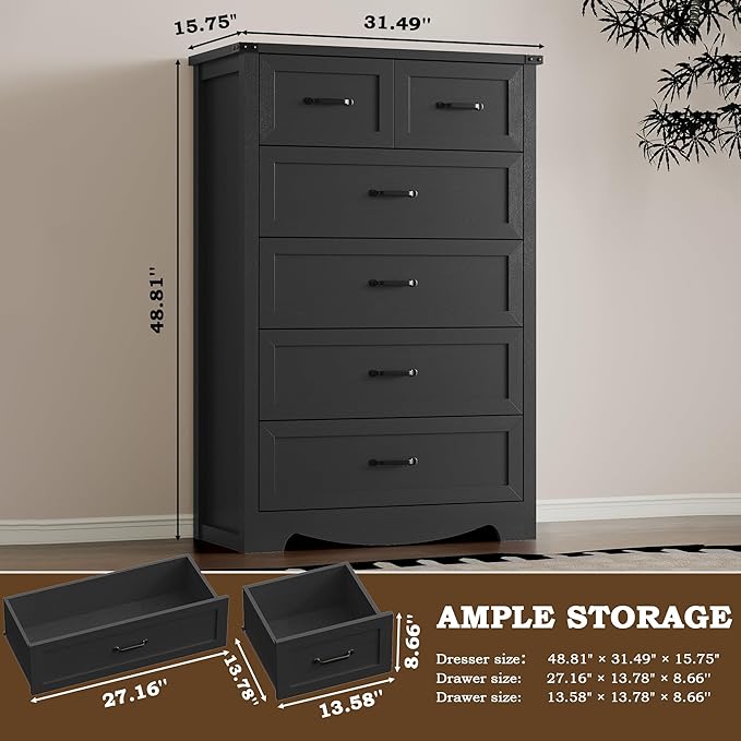 Tall 6-Drawer Dresser for Bedroom, Modern Wooden Chest of Drawers with Metal Handles, Anti-Tipping Design, Sturdy and Stable Storage Organizer for Living Room, Entryway, Home Office