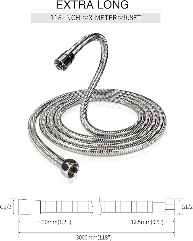 PHASAT 118-Inch Extra Long Indoor Outdoor Shower Tube Replacement Stainless Steel Handheld Shower Hose,Chrome,A3107C-3.0