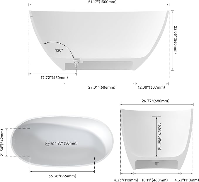 51" Stone Resin Freestanding Bathtub, Modern Oval Solid Surface Soaking Tub, Solid Surface Stand Alone Bathtub with Drain & Integrated Slotted Overflow Matte White AM303-1300