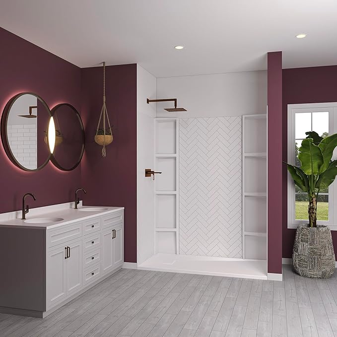 White Acrylic Shower Wall Surround 36"x 60"x 80" - Waterproof Easy-to-Install Two Shelf Units Kit Included - Shower Wall Surround Panels - Chevron Tiles Pattern, Classic Shelves