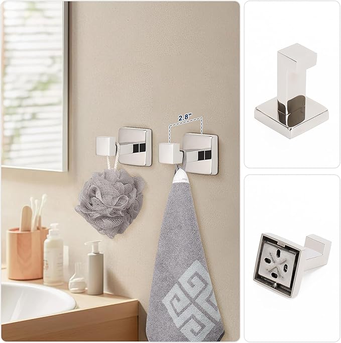NearMoon 5 Pieces Bathroom Hardware Set 304 Stainless Steel, Square Towel Rack Kit - 24" Towel Rod + Towel Ring + Toilet Paper Holder + 2 Robe Hooks, Wall Mounted Bath Accessories (Chrome Finish)