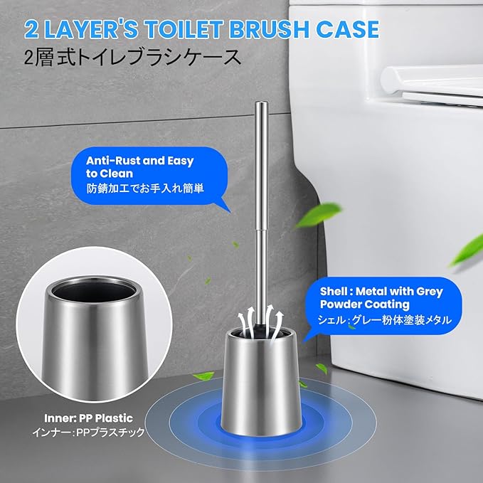 Stainless Steel Toilet Brush and Holder Toilet Brush Bowl Cleaning Brush Double Layer Holder Long Brush Handle High Density Silicone Head