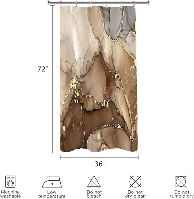 Small Stall Marble Shower Curtain 36 x 72 Inch, Half Narrow Abstract Modern Shower Curtains for Bathroom, Luxury Art Ink Texture Fabric Shower Curtain Set with Hooks, Brown