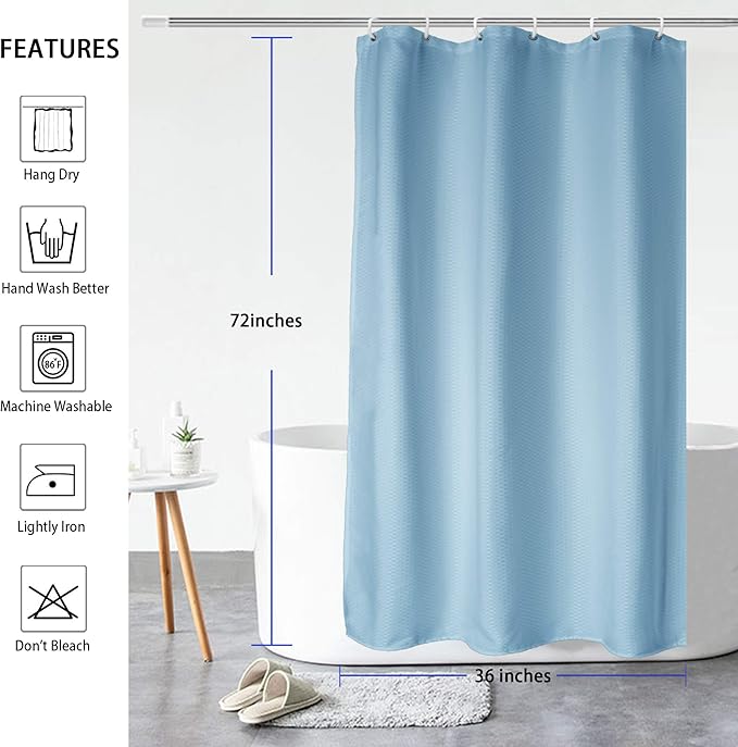 AooHome 36x72 Inch Stall Size Shower Curtain, Soft Fabric Waffle Weave Bathroom Curtain with Hooks, Weighted Hem, Heavy Duty, Water Repellent, Light Blue