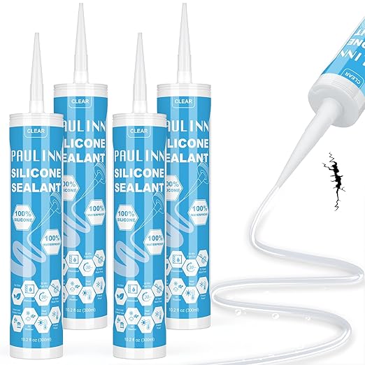 PAULINN Silicone Sealant, 100% Silicone Caulk Clear Waterproof for RV, Kitchen, Bath, General Use, Window, Door, Glass, Marine, 10.2 Oz, 4 Packs