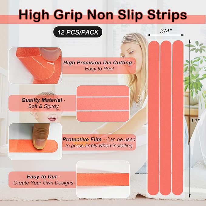 S&X Non Slip Bath Stickers,Gritty Textured Slip-Resistant Treads,0.75-Inch by 11-Inch,12 Strips Per Pack (Rosy)
