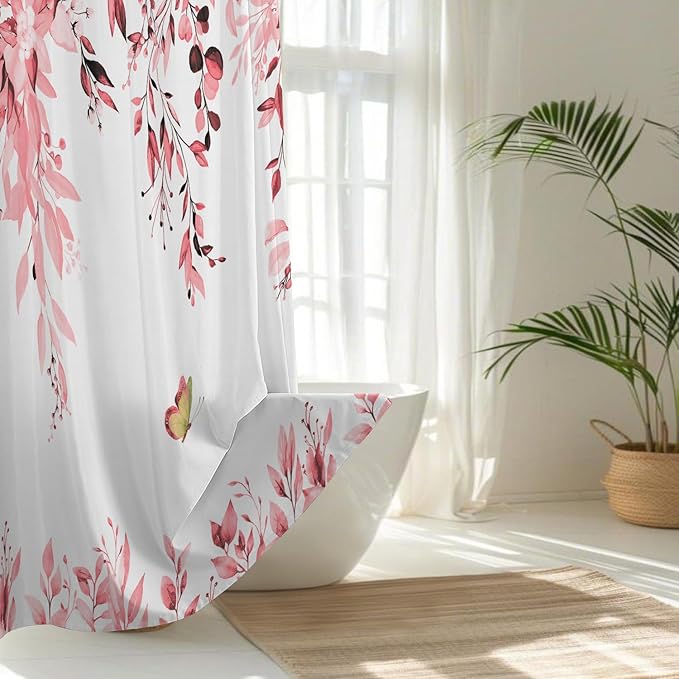 No Hook Shower Curtain and Liner Set, Pink Eucalyptus Floral Shower Curtains for Bathroom, Bath Curtain Sets with Snap in Liner, Waterproof with See Through Top Window, 71x84 Inches