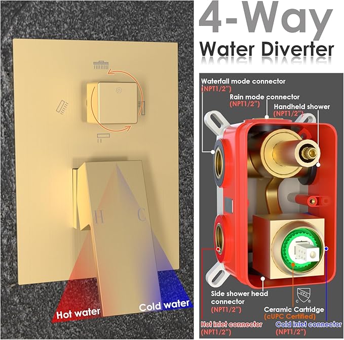 ENGA Shower System with Tub Spout, Bathtub Shower Faucet Combo Set - 10" & 6" Square Rain Shower Heads with 2 in 1 Handheld Spray, 4 Way Water Diverter, Brushed Gold
