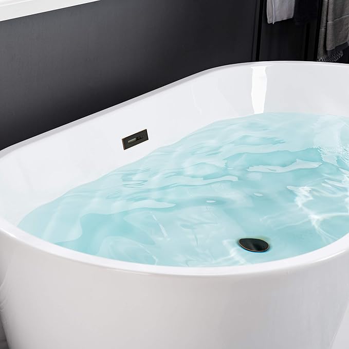 WOODBRIDGE 59" Acrylic Freestanding Bathtub Contemporary Soaking Tub, White Acrylic (Oil Rubbed Bronze Drain/Overflow),B0014 ORB Drain &O