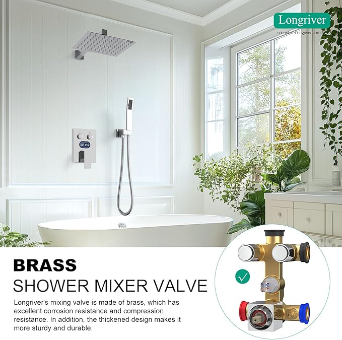 Push Button Diverter Shower Faucet Set Hydro Power Temperature Display, Shower System 10 Inch Shower Head with Handheld Spray, Wall Mounted Shower Fixtures with Valve and Trim Kit, Polished Chrome