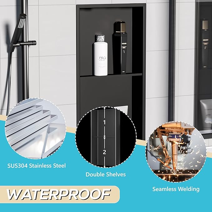 Stainless Steel Shower Niche 24" X 12", No Tile Needed Wall Niche Double Shelves, Recessed Shower Shelf for Bathroom Storage, Matte Black