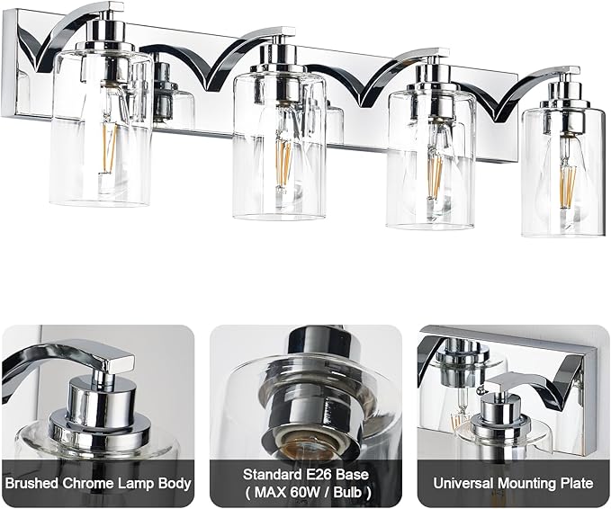 4-Light Bathroom Light Fixtures Modern Chrome Vanity Lights for Bathroom Lighting Fixtures Over Mirror with Clear Glass Shade for Cabinet Mirror Bedroom Hallway