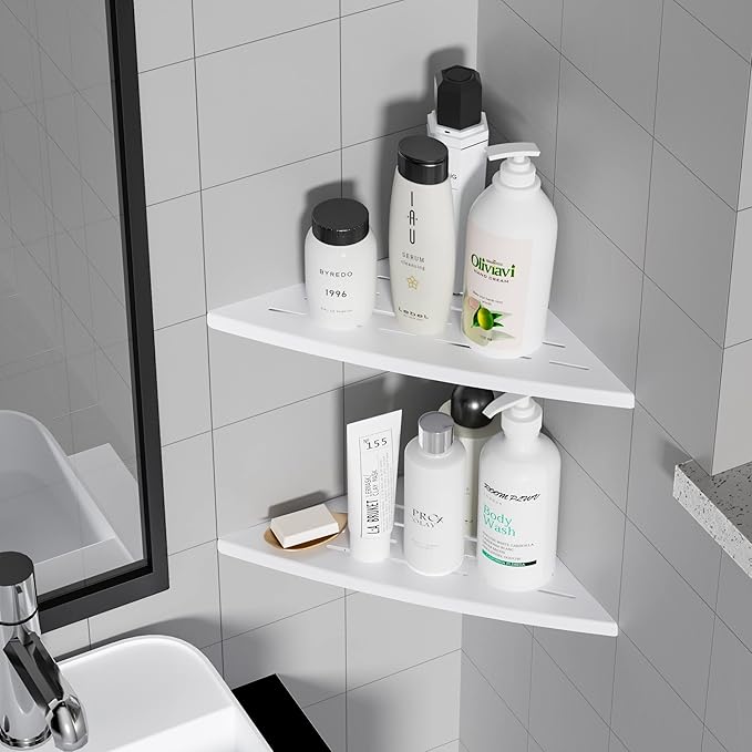 Corner Shower Shelf Matte White, 304 Stainless Steel 11.5” Recessed Corner Shelf Bathroom for Tiled Wall, Floating Shower Shelves Shampoo Holder, No Drilling, 2 Pack