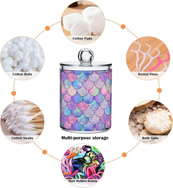 MNSRUU 2 Pack Qtip Holder Organizer Dispenser Colorful Mermaid Scales Bathroom Storage Canister Cotton Ball Holder Bathroom Containers for Cotton Swabs/Pads/Floss