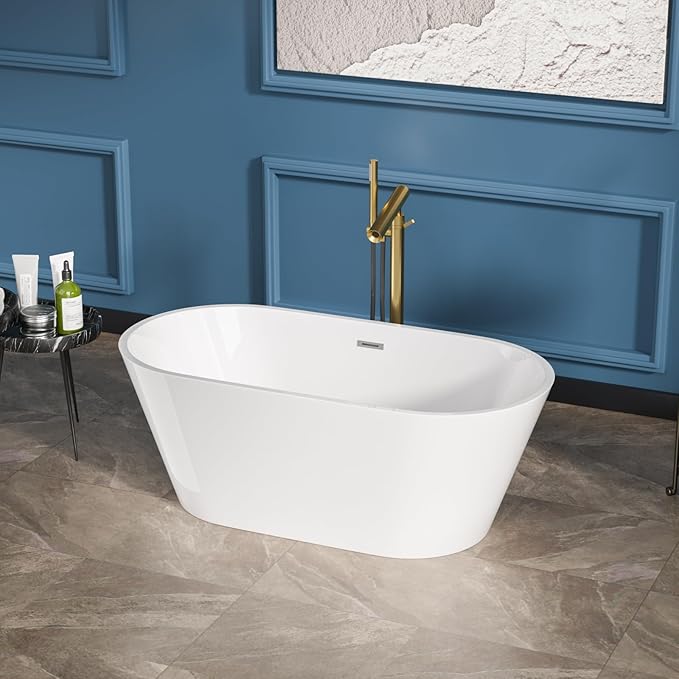 Sarlai 59 Inch Acrylic Freestanding Soaking Bathtub Contemporary Soaking White Tub Stand Alone Ergonomic Bathtub with Chrome Overflow and Drain